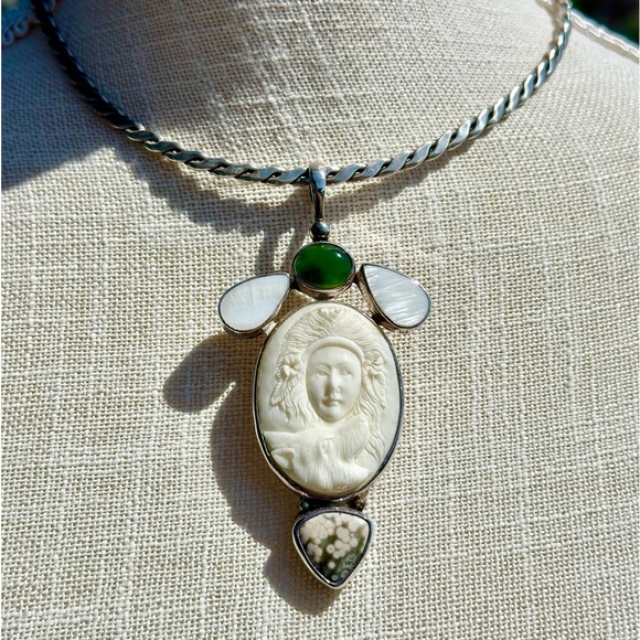 Wolf Goddess handcarved bone sterling silver jasper aventurine lg pendant pearl - Picture 6 of 8